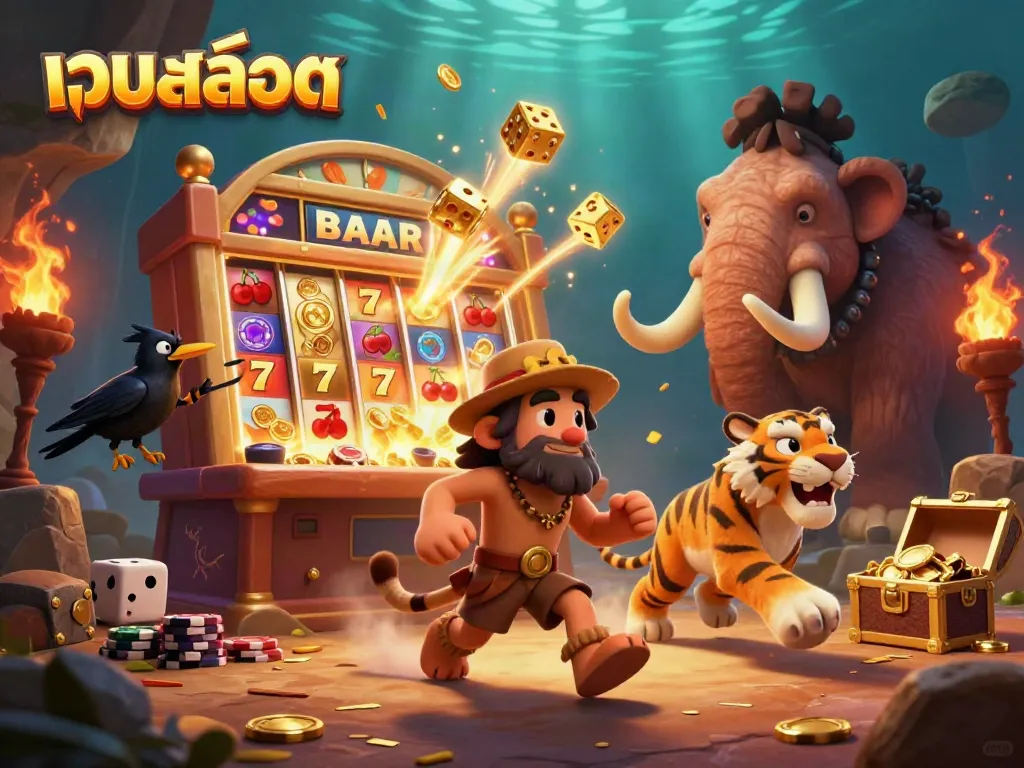 Experience เว็บสล็อต excitement as a cartoonish caveman and his sabertooth tiger run a vibrant prehistoric casino.