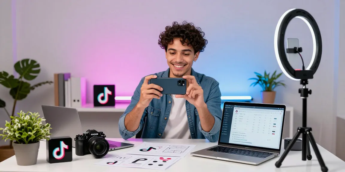 Buy followers on TikTok in a vibrant influencer workspace with creative props and video setup.