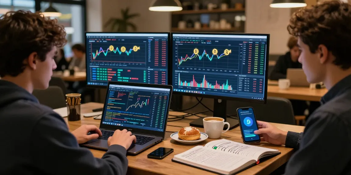 Cricbet crypto trader analyzing Bitcoin charts in a modern cafe for seamless digital investment.