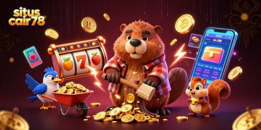 Situs cair78 mengajak pemain memasuki dunia permainan slot yang kaya simbol, mengumpulkan koin emas dalam ilustrasi ceria ini.