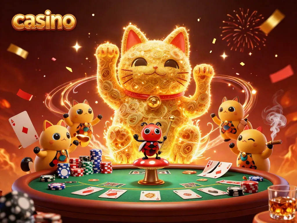 Experience thrilling casino action through a dynamic illustration of a lucky cat waving casino symbols in a vibrant setting.