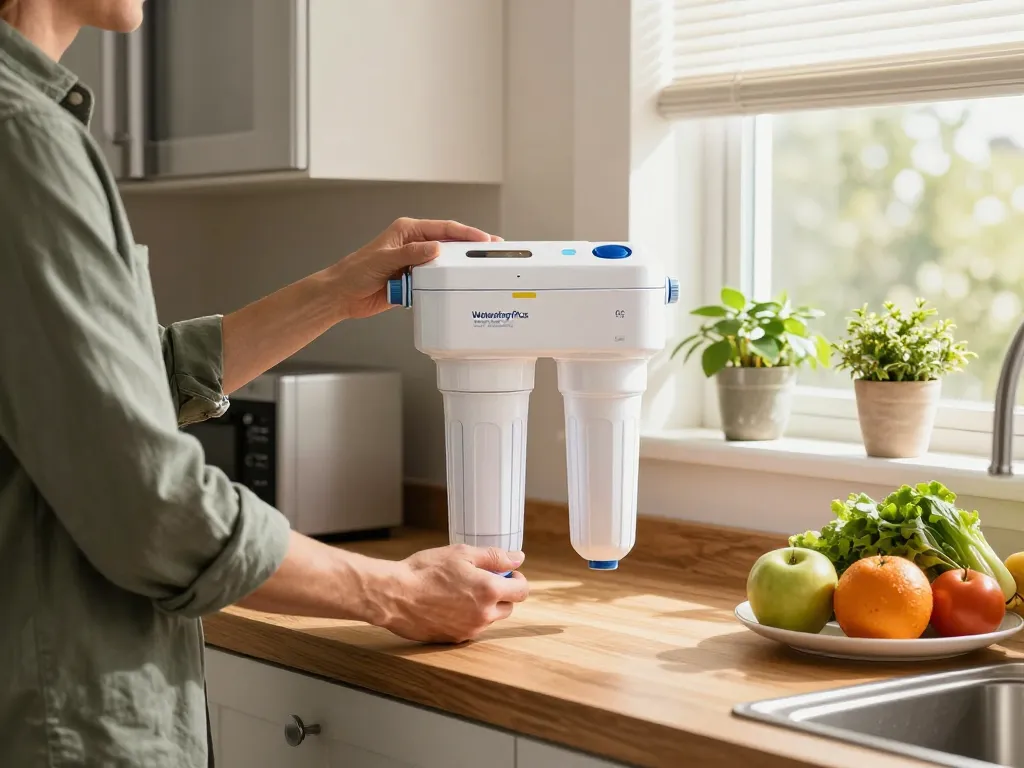 Person installing Waterdrop Plus WDP-F19C Replacement for GE® RPWFE® filter in a modern kitchen.