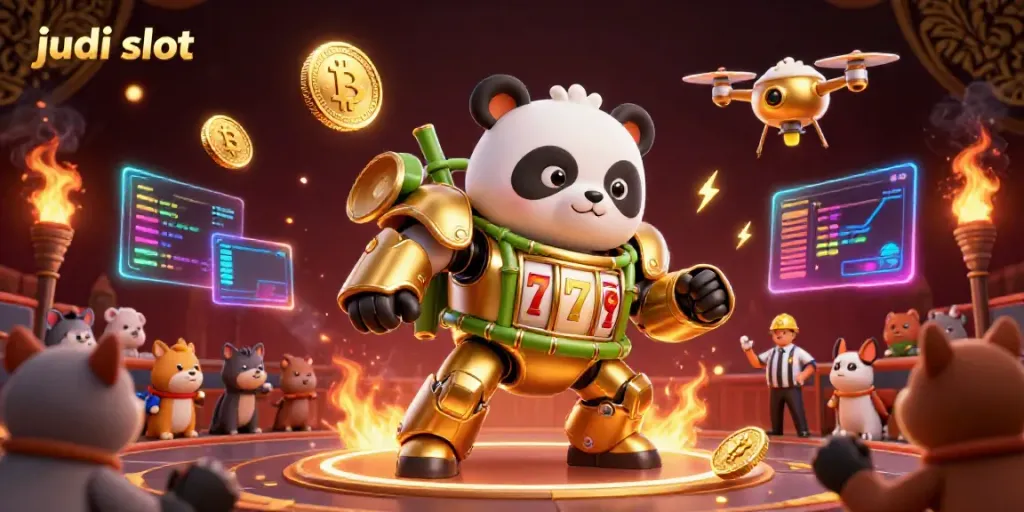 Panda emas dalam robot bertarung dengan simbol judi slot dan koin kripto di arena.