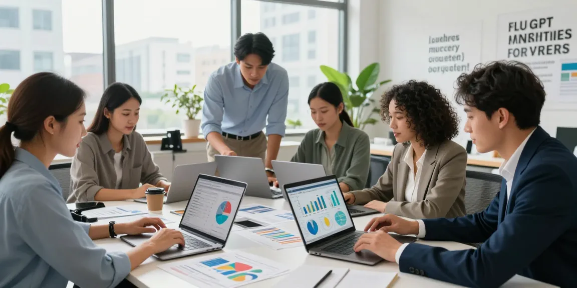 Business professional reviewing campaign performance analytics data in a collaborative workspace, showcasing strategic discussions.