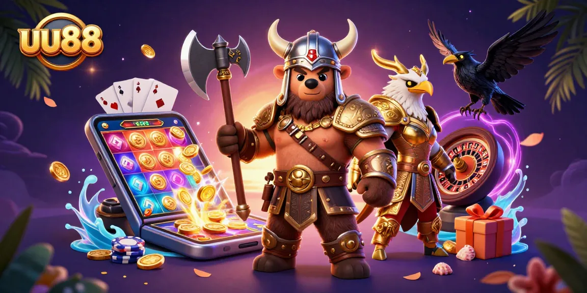 Engage with uu88's thrilling slot action featuring a Viking bear and Valkyrie eagle in a dynamic casino scene.