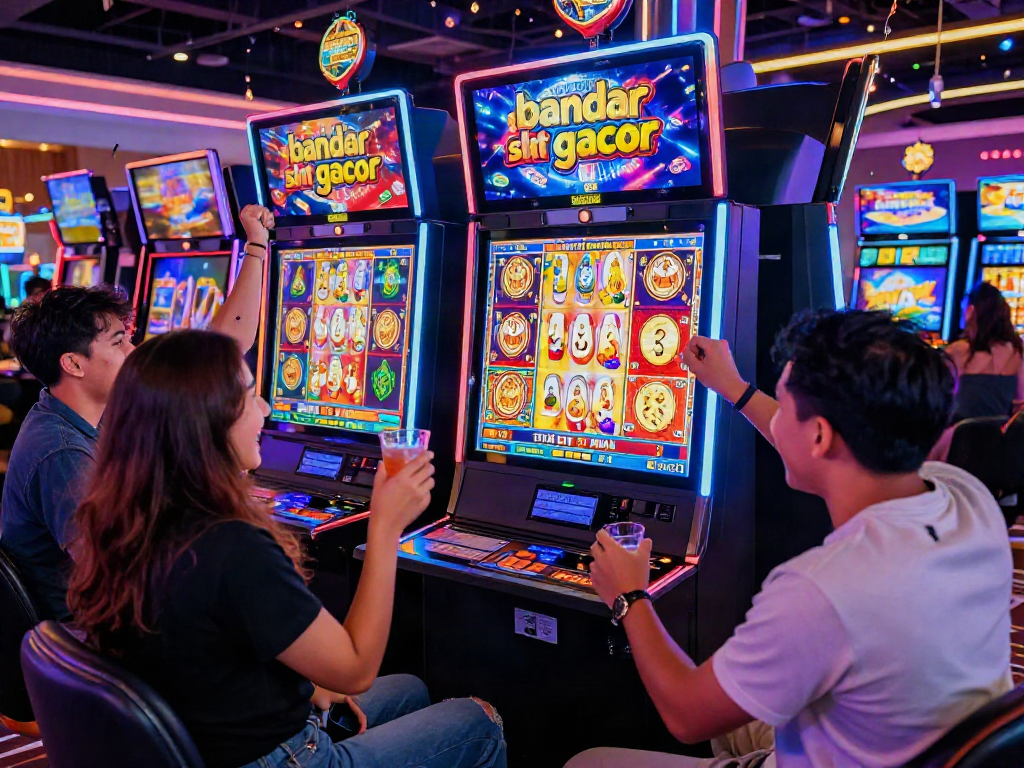 Excited players celebrating a win on bandar slot gacor in a vibrant online casino setting.
