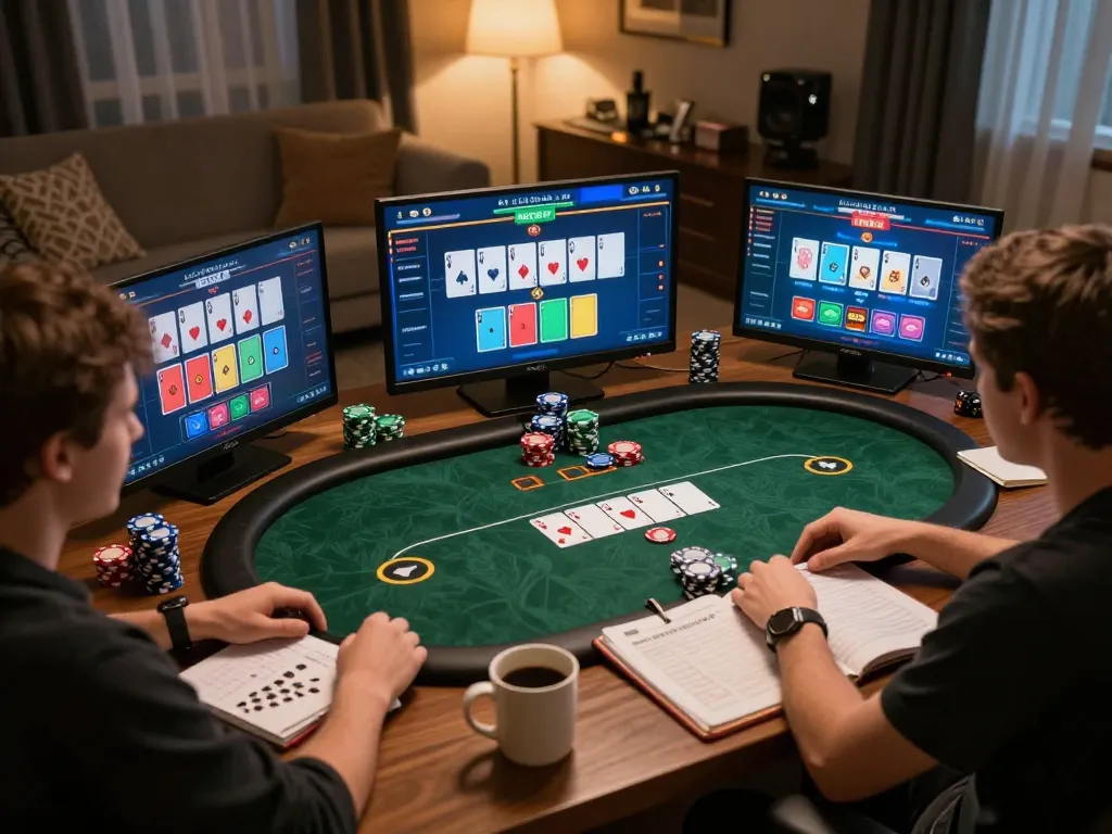 situs slot gacor gameplay on multiple screens during an intense online poker session, showing strategic moves.