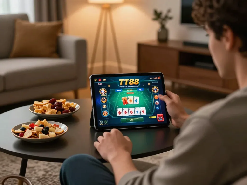 Engaging with TT88 casino app in a cozy home setting during a strategic gameplay session