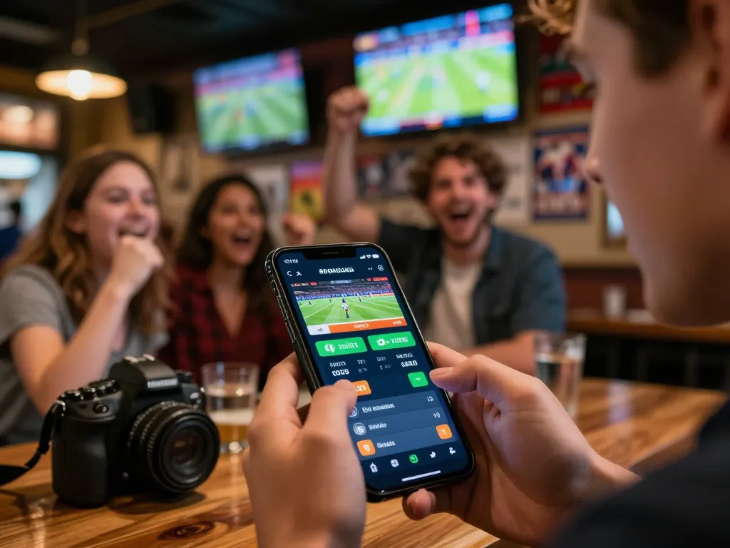 New York City Personal Injury Lawyer monitors live sports betting on mobile at a vibrant bar