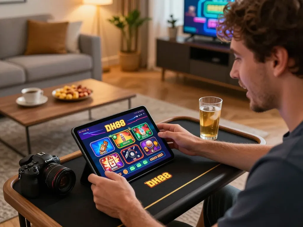 Player engaging with DH88 online casino app on tablet in a cozy living room setting.