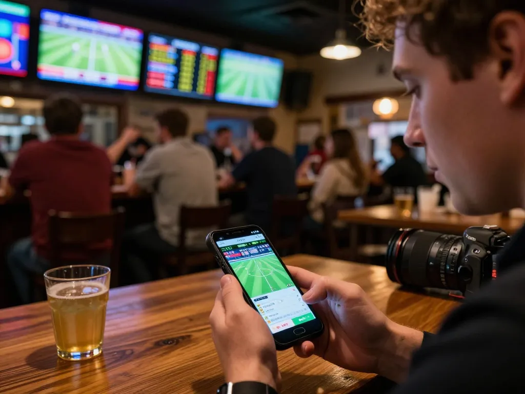 Giocatori di Siti non AAMS che interagiscono con un'app di scommesse sportive in un bar vivace