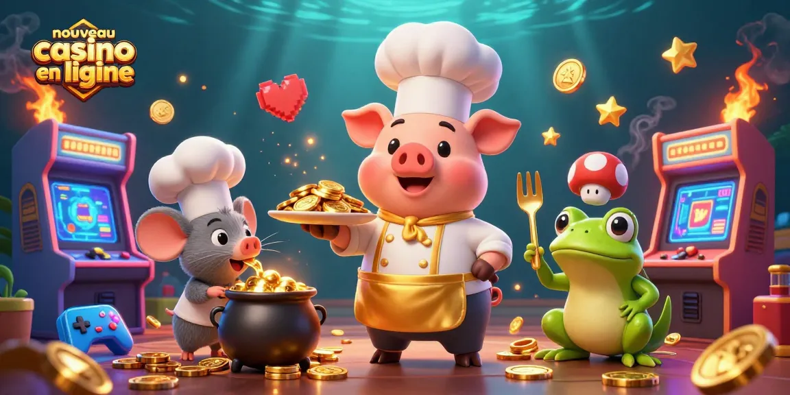 Engagez-vous avec le nouveau casino en ligne mettant en scène un cochon chef servant des pièces d'or et des éléments d'arcade vibrants.