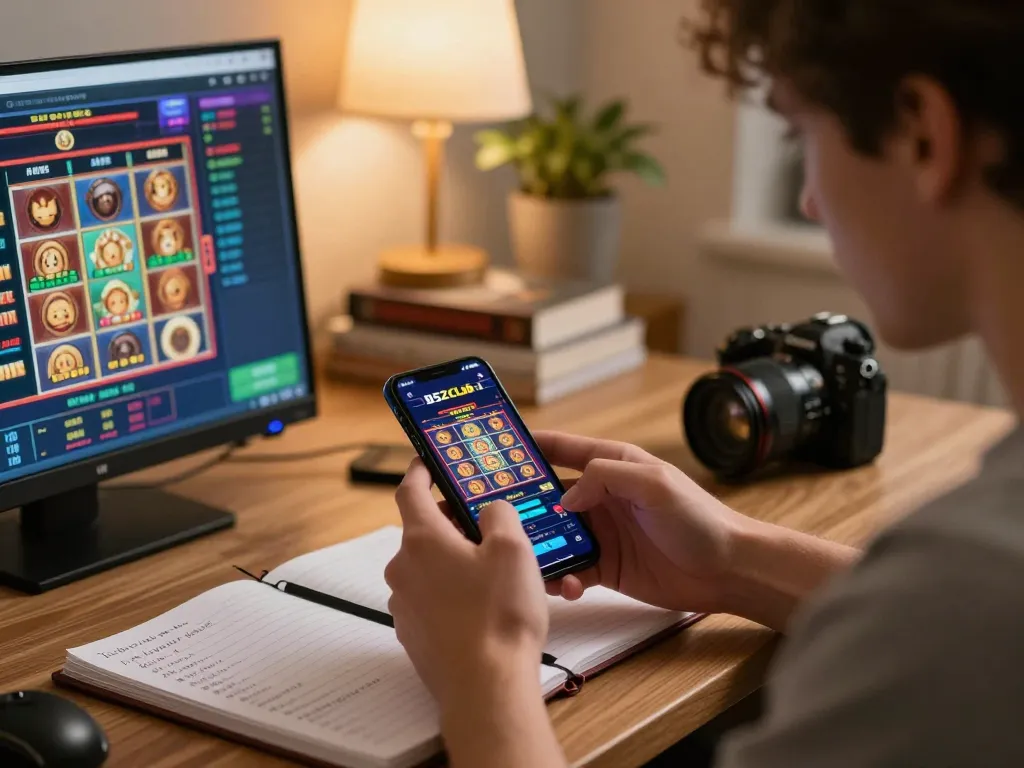 Player enjoying vibrant slot games on B52club app in cozy living room setting, showcasing responsible gambling.