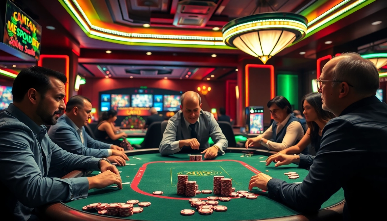 Ondel4d daftar permainan poker dengan suasana kasino yang dinamis dan pemain yang terlibat.