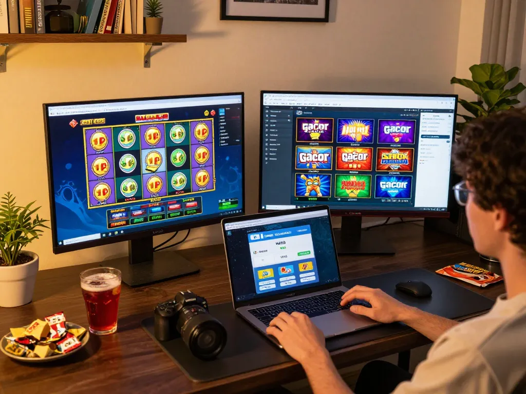 Engaging online gaming setup showcasing slot gacor hari ini with colorful reels and winning notifications.