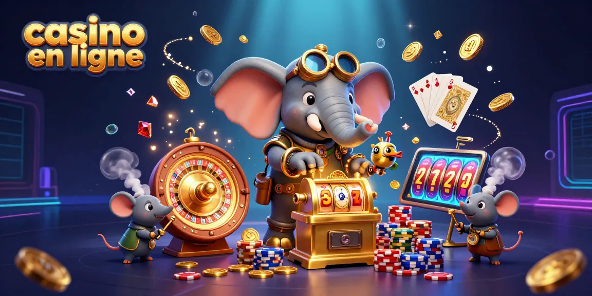 Découvrez l'excitation du casino en ligne avec un éléphant steampunk animé et des éléments de jeu vibrants.