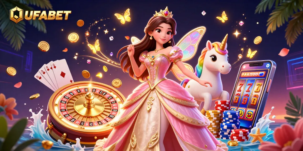 Experience exciting gaming at UFABET with a glamorous Asian princess amidst soaring coins and dazzling cards.