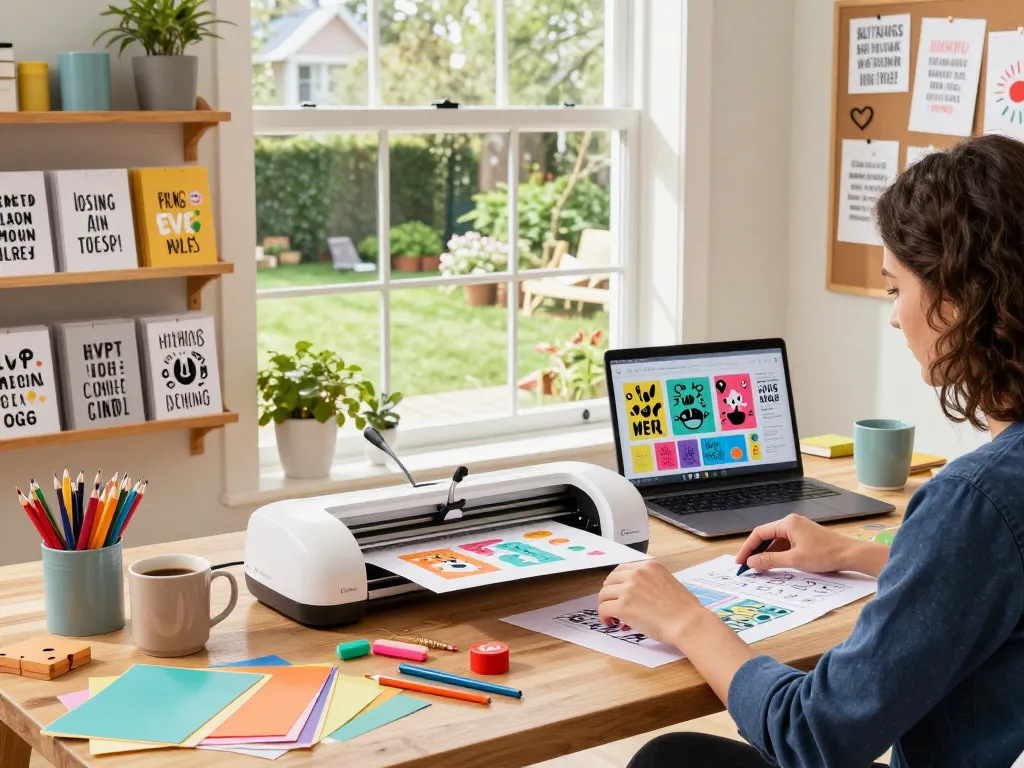 Crafter working with versatile SVG files on a Cricut machine in a bright, organized workspace filled with inspiration.