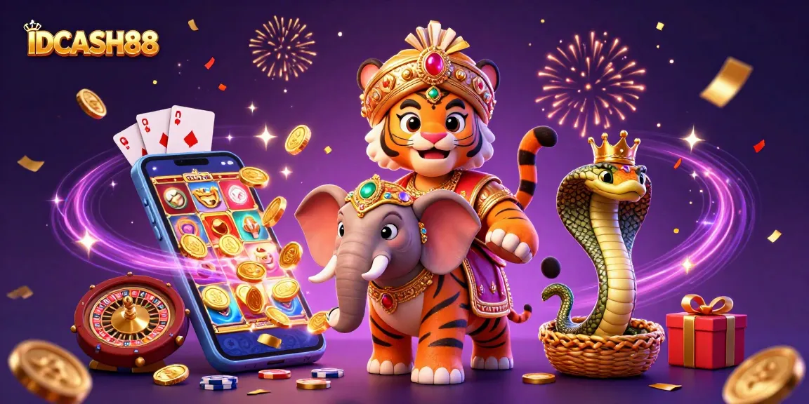 Experience thrilling gaming adventures at IDCASH88 with a colorful casino-themed illustration.