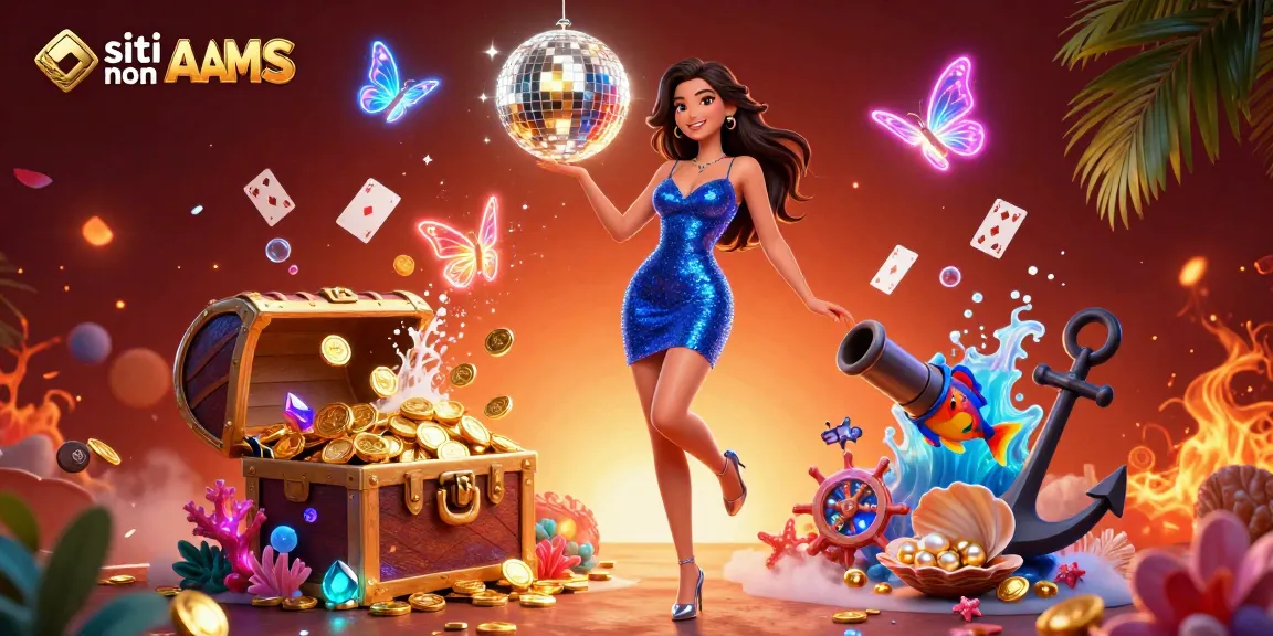 I siti non AAMS presentano una donna glamour che balla tra farfalle al neon e fiches di poker dorate in una vivace scena di casinò.
