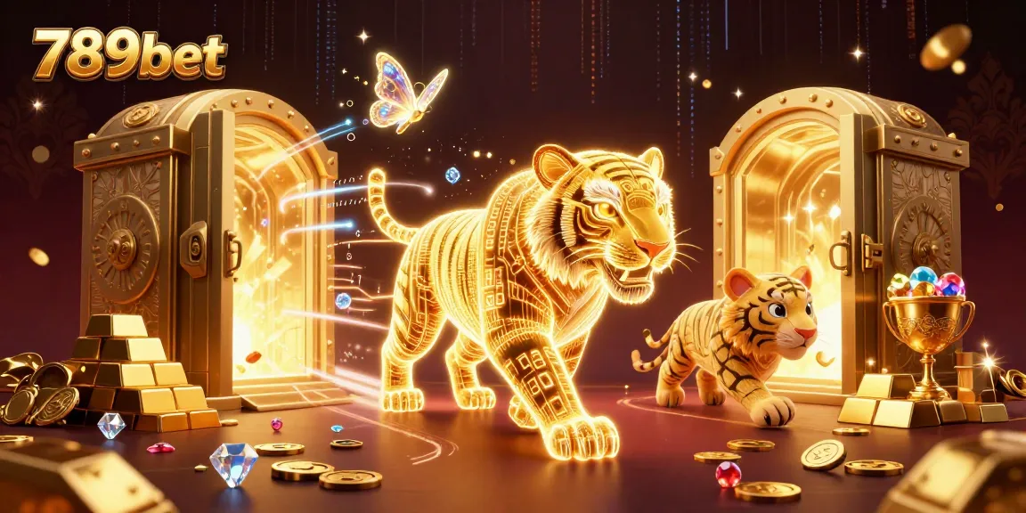Cá cược thú vị tại 789bet với hình ảnh hổ vàng neon, kho báu lấp lánh và không gian casino sống động.