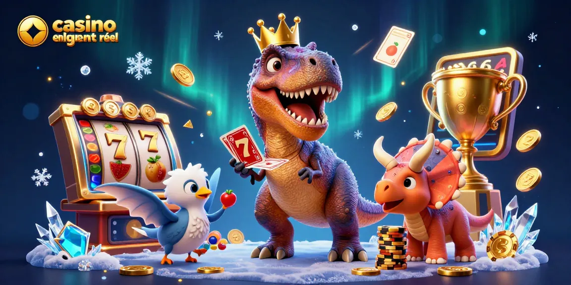 Jouer sur un casino en ligne argent réel avec un T-Rex distribuant des cartes dans une scène animée.