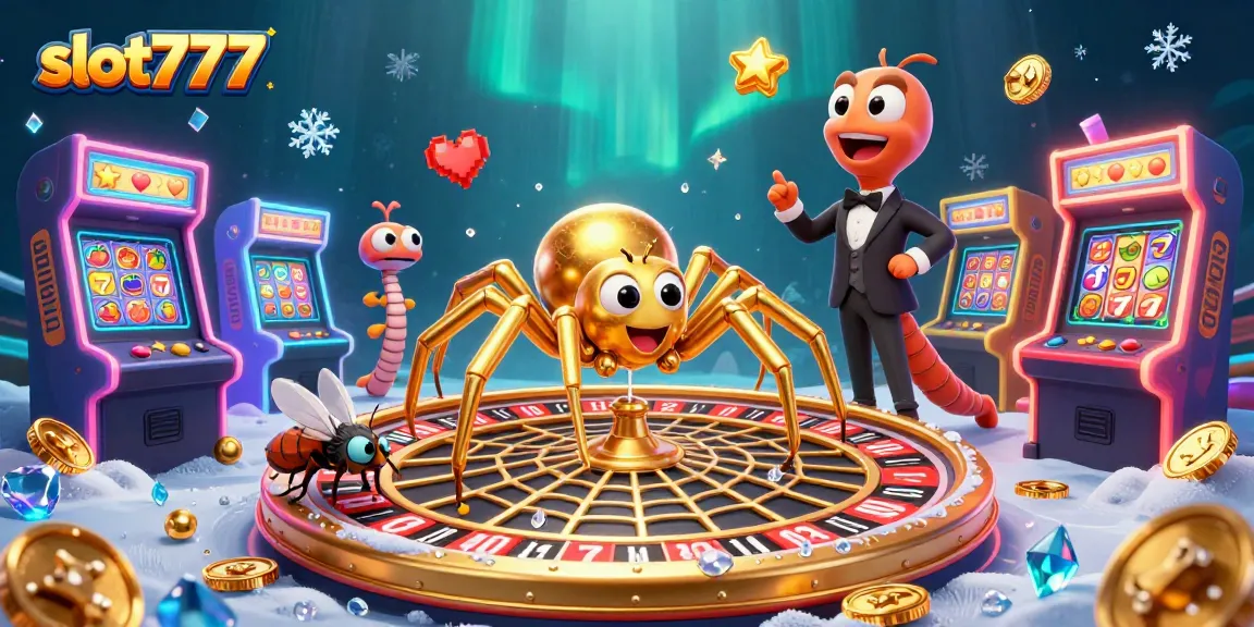 Experience thrilling wins at slot777 with golden spider and colorful gaming machines in a dynamic casino scene.