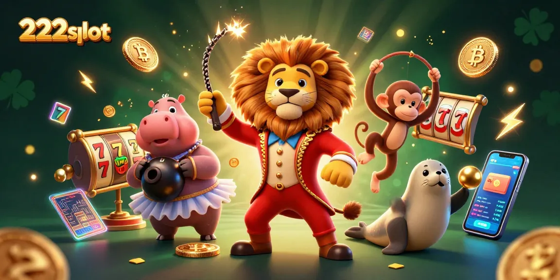 Permainan slot 222slot yang menarik dengan lion ringmaster, hippo, dan monyet di latar belakang kasino.