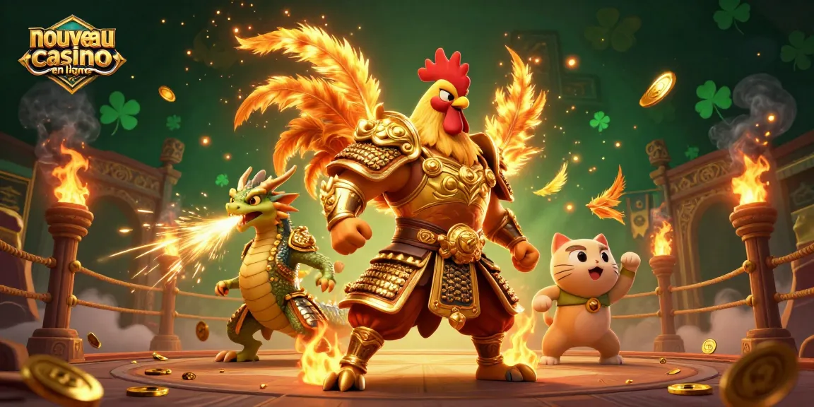 Découvrez le nouveau casino en ligne à travers une illustration captivante d'un guerrier coq et dragon