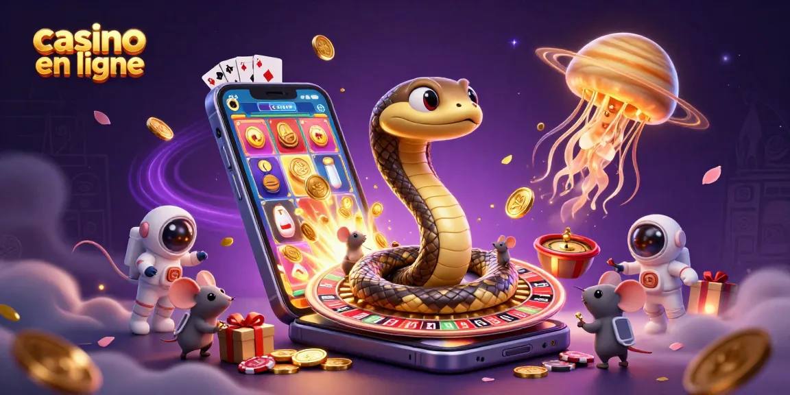 Jouer à casino en ligne avec une illustration de serpent et des astronautes pariant.