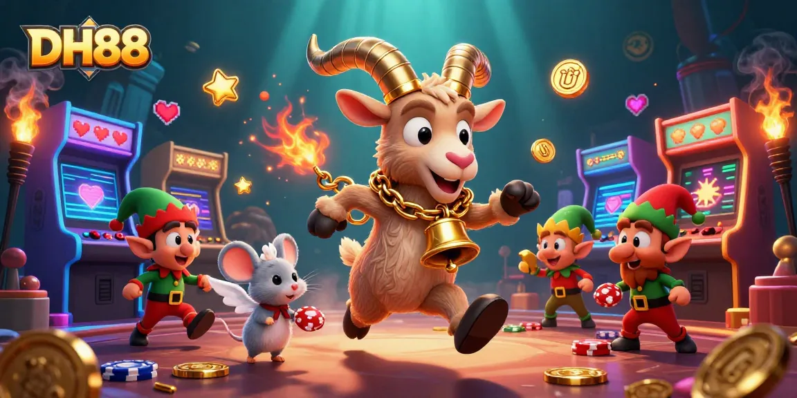 Engage in thrilling casino action at DH88 with a whimsical Krampus goat, angel mouse, and elf gremlins.