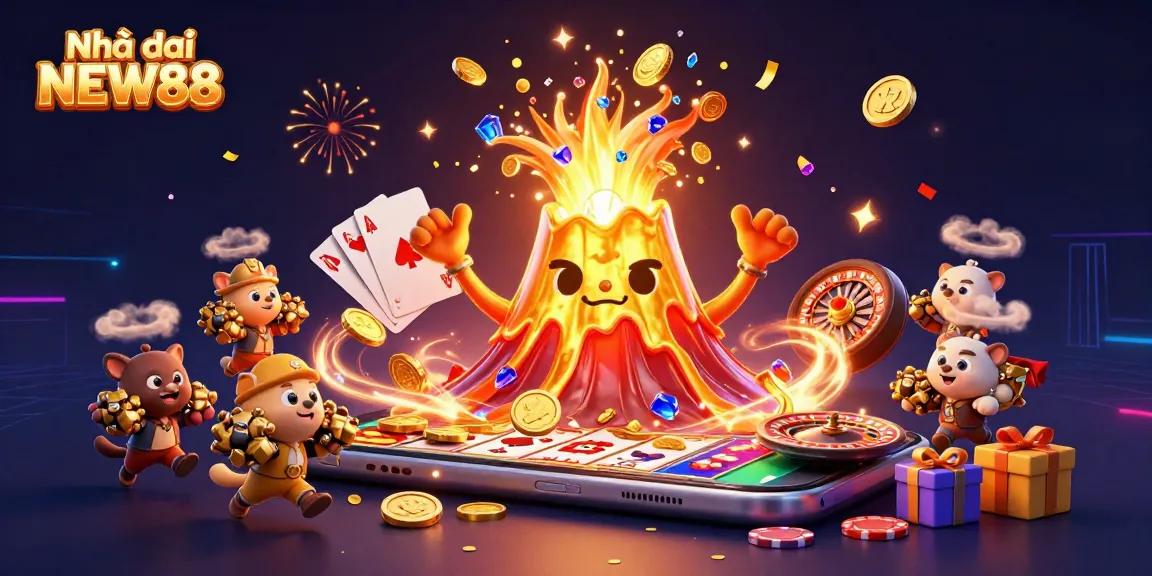 Celebrate excitement at Nhà cái NEW88 with a triumphant golden volcano, coins, and vibrant casino games.
