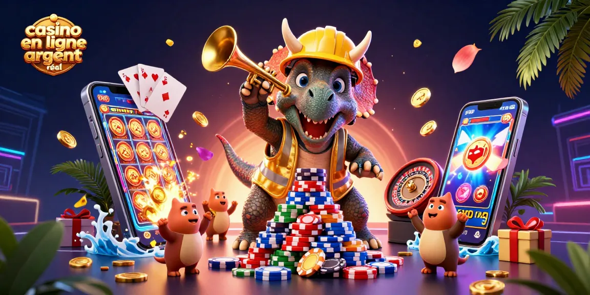 Joue au casino en ligne argent réel avec un triceratops enthousiaste et des jeux dynamiques en arrière-plan.