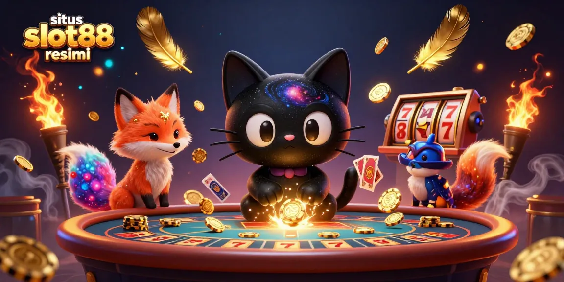 Gambarkan keseruan bermain slot gacor di situs slot88 resmi dengan karakter kucing hitam galaksi dan teman rubah nebula.