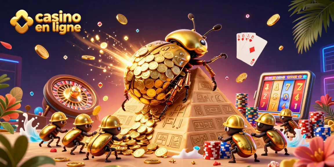Plongez dans le monde du casino en ligne avec des symboles de jeu et des gains en argent.