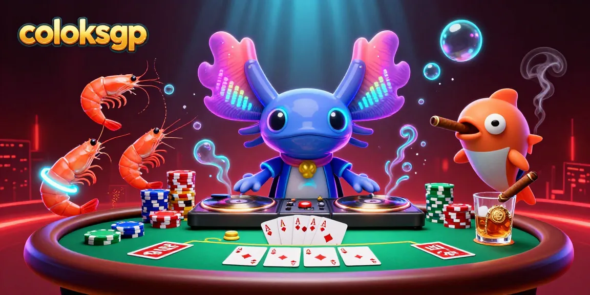 Experience the engaging ambiance of coloksgp as the neon axolotl DJ spins records with a vibrant casino theme.