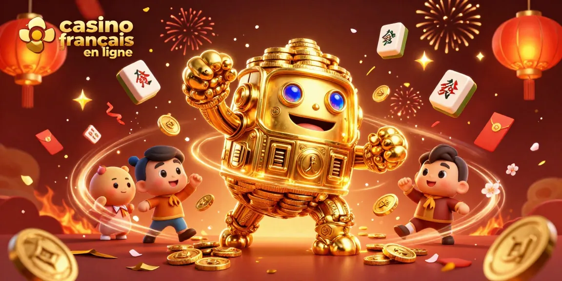 Profitez des jeux au casino français en ligne avec un golem doré et des éléments festifs.