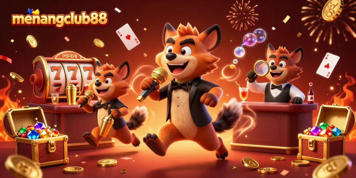 Engage with menangclub88 in a vibrant casino scene featuring hyenas and exciting game elements.