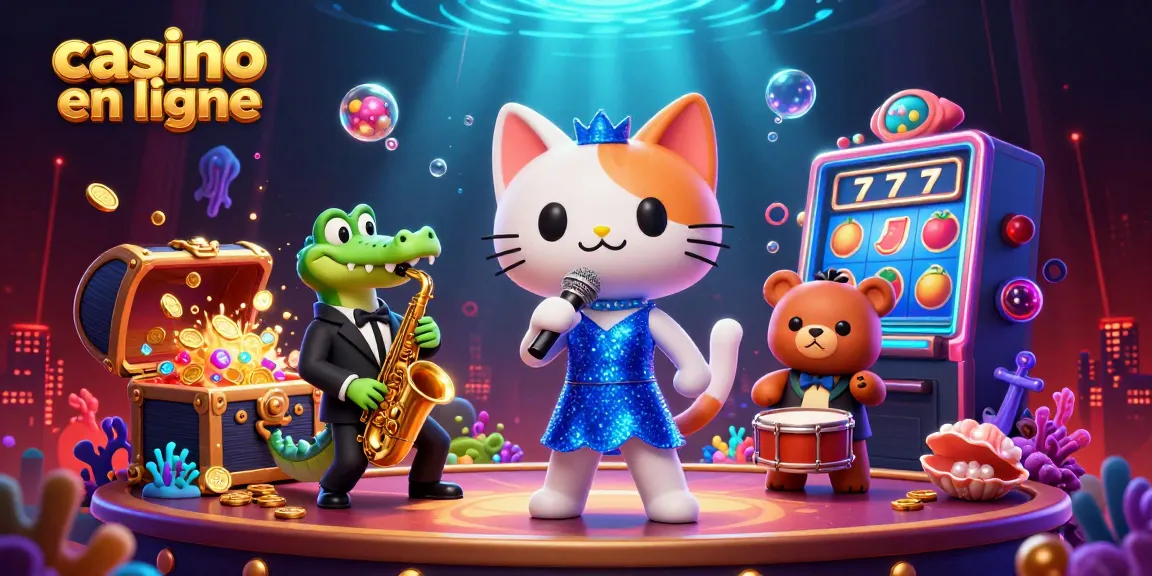 Jouer à des jeux de casino en ligne avec un chat chanteur jazzy et ses amis dans une scène animée.