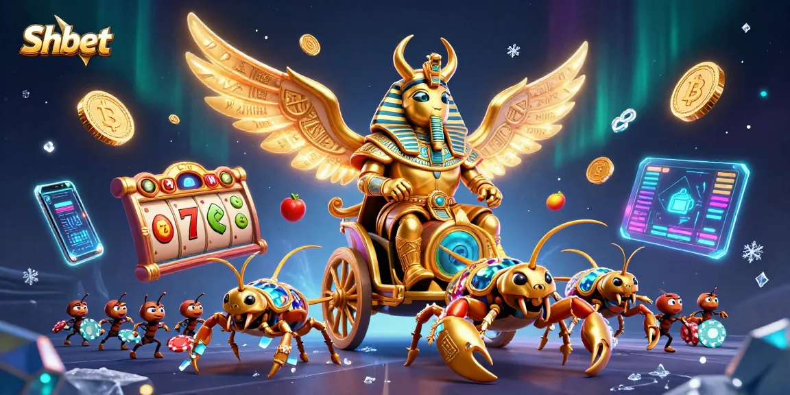 Shbet features a vibrant scene with a golden beetle and jewel-encrusted scorpions amidst rich casino elements.