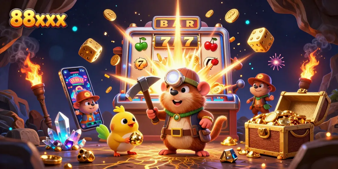 Experience the thrill of 88xx slots as the mole uncovers treasures amidst a vibrant casino backdrop.