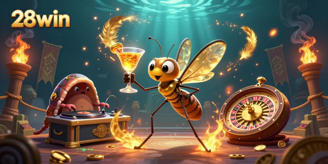 Experience the excitement of 28win as a frozen mosquito casino mascot and trilobite DJ create a vibrant gaming atmosphere.