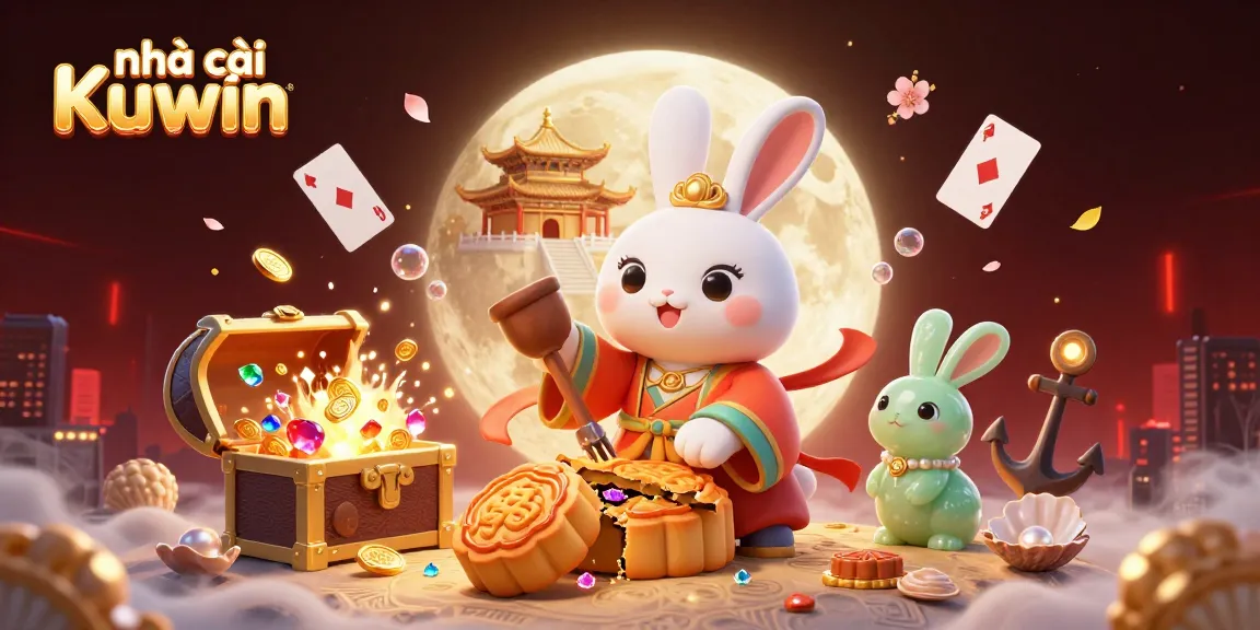 Engage with the thrilling world of Nhà cái Kuwin as a moon rabbit reveals poker chips amidst dynamic casino elements.