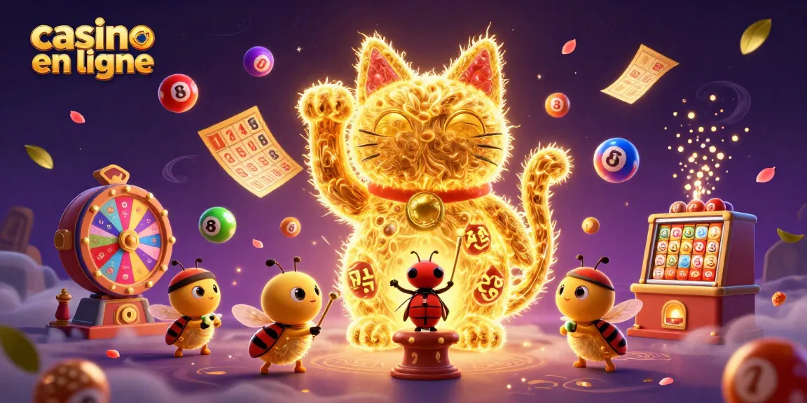 Profitez d'une ambiance de casino en ligne captivante avec un chat porte-bonheur animé et des éléments de jeu colorés.