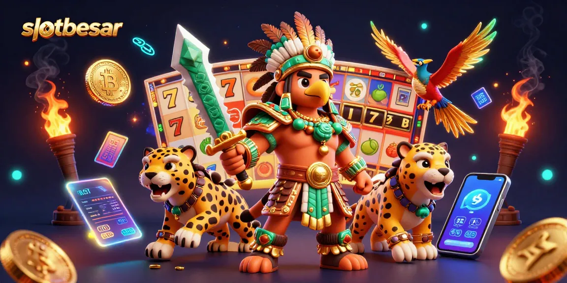Engage with slotbesar's vibrant online gaming experience featuring Aztec warriors and crypto elements.