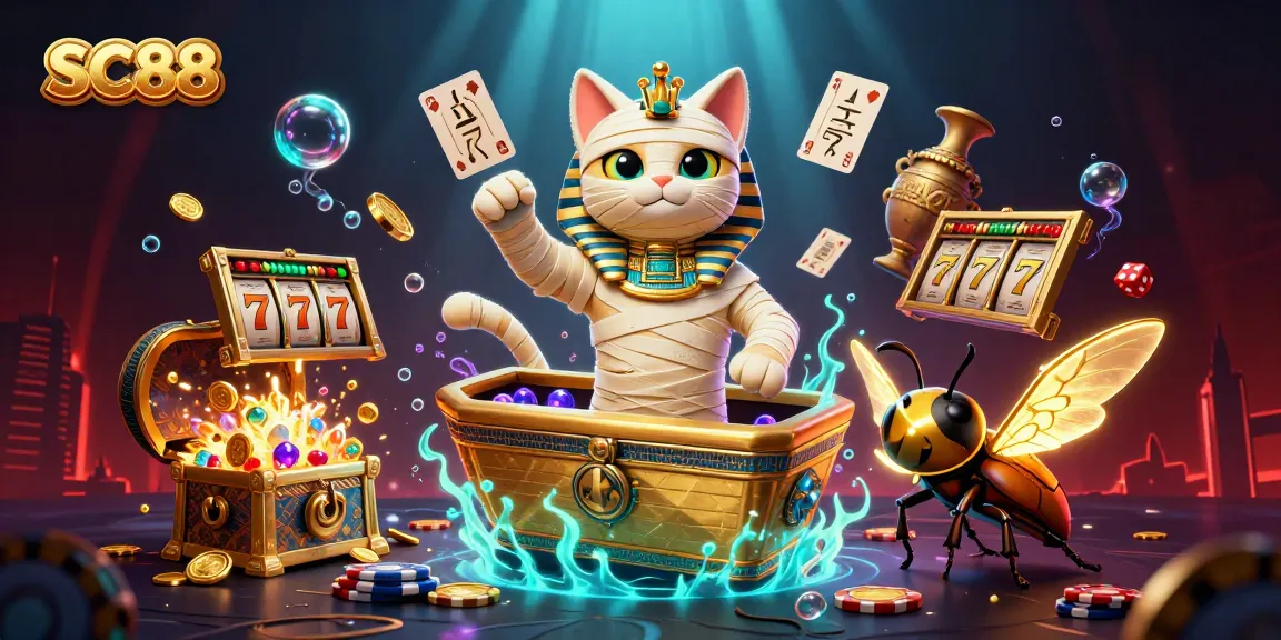Engage with SC88's thrilling slot experience featuring jackpot reels, Egyptian-themed characters, and vibrant casino elements.