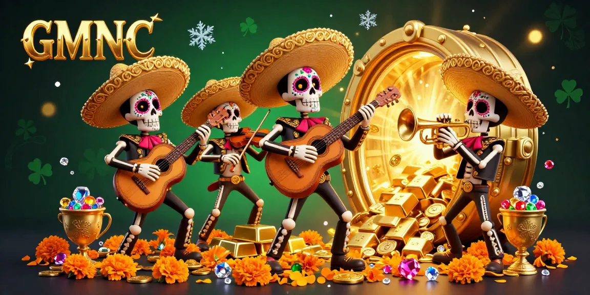 Experience the vibrant GMNC skeleton mariachi band amidst a treasure-rich casino scene.
