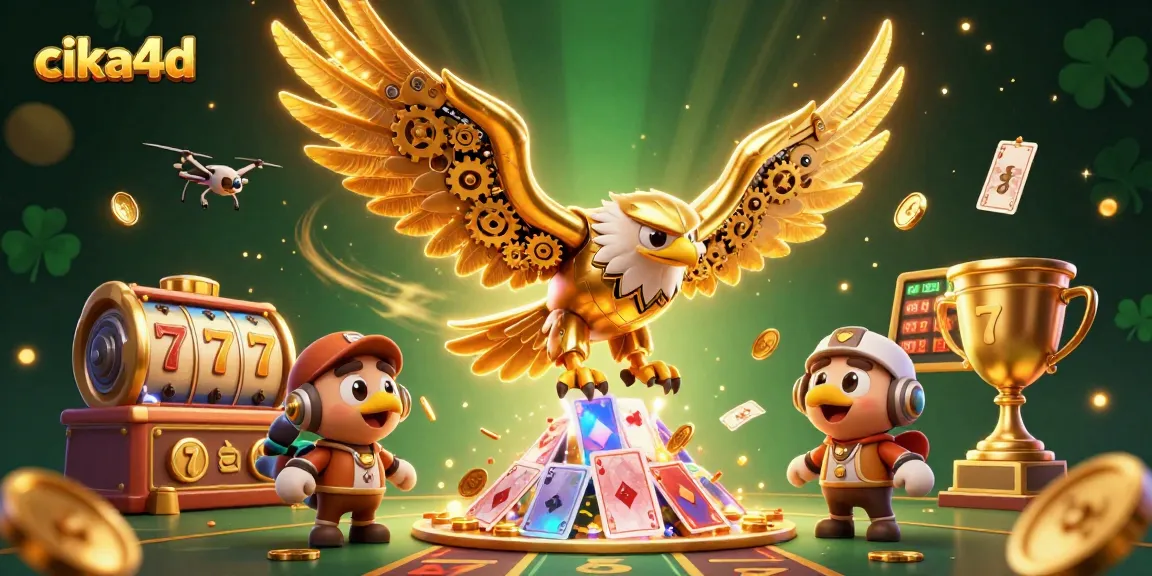 Cika4d presents a dynamic scene with a golden eagle soaring through slot reels and golden coins, showcasing the excitement of online gambling.