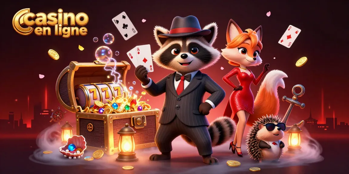 Casino en ligne : illustration dynamique d'un raton laveur gagnant au poker.