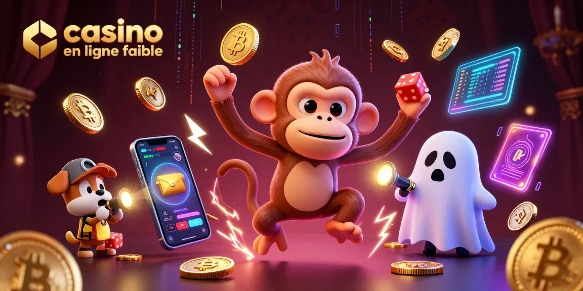 Un poltergeist de singe invisible jonglant des objets dorés dans un casino en ligne fiable, suivi d'un chiot chasseur de fantômes.